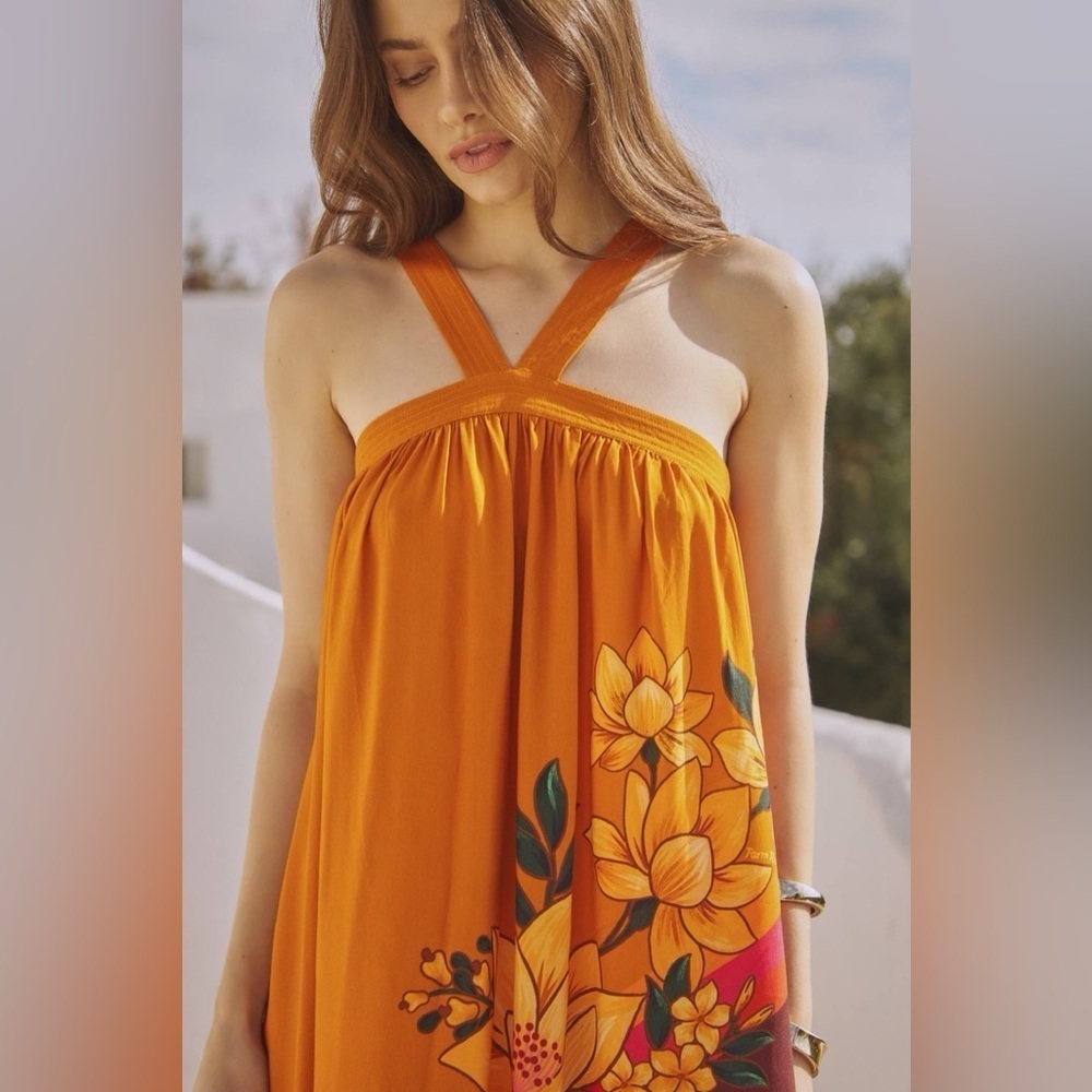 FARM RIO Orange Boho Maxi Dress Pinafore Cover Up Floral Whimsy Brown Size S NEW - Picture 4 of 15